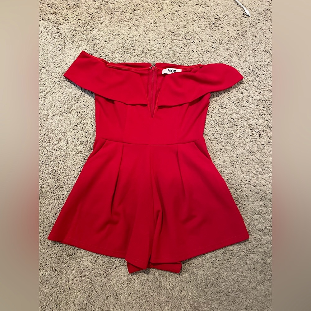 Red V Neck, Off The Shoulder Romper